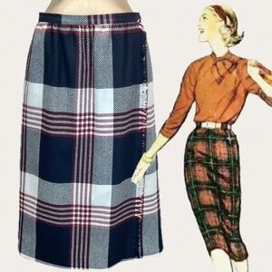 VINTAGE 80s tartan plaid wool skirt midi‎ faux wrap pencil dark academia preppy